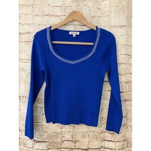 Nanette Lepore Royal Blue Ribbed Scoop Neck Top with Studded Trim